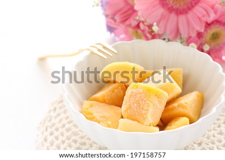 Frozen Mango on white bowl for gourmet food ingredient image