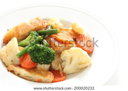 chinese food, mixed vegetable and fish cake stir fried