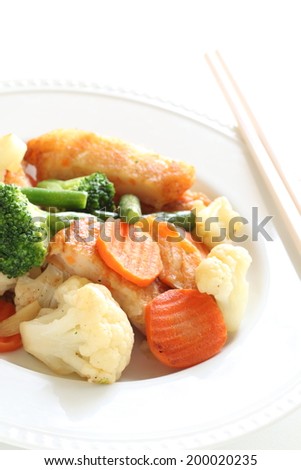 chinese food, mixed vegetable and fish cake stir fried