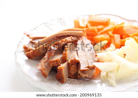 Chinese cooking, roasted pork cut in stick with vegetable ready for stir frying