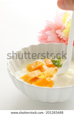 Dried mango and honey on yogurt with flower on background