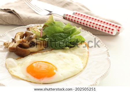 Sunny side up fried Egg with baby leaf and Shimeji mushroom for breakfast image