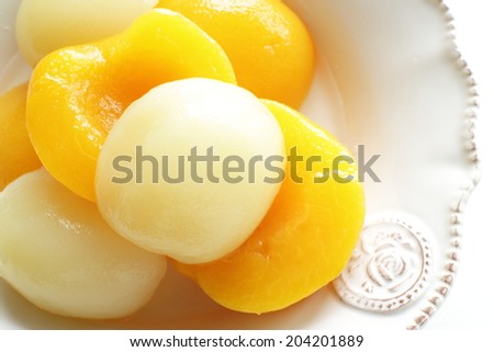 canned fruit, white and yellow peach on bowl for gourmet food image