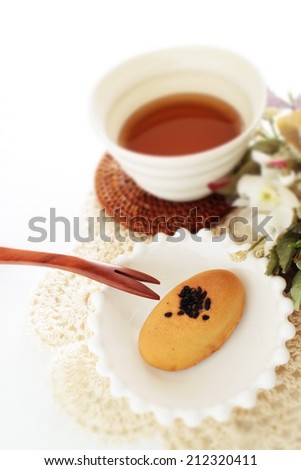 japanese confectionery, sweet potato cake and barley tea