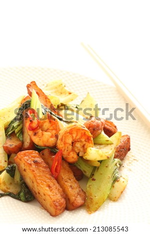 Chinese cuisine, shrimp and fish cake stir fried with pak choy