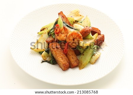 Chinese cuisine, shrimp and fish cake stir fried with pak choy
