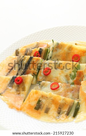 korean cuisine, leek jeon Pan cake with cheese on top