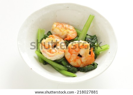 Chinese food, green leaf vegetable and prawn stir fried