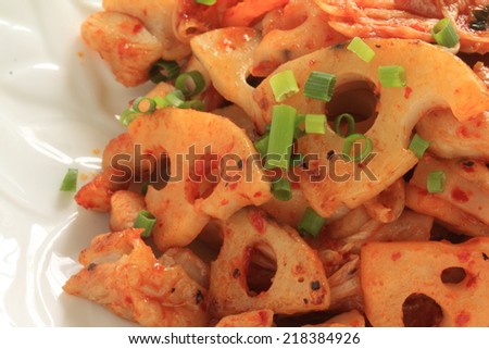 Korean cuisine, Lotus root and chicken stir fried with kimchi