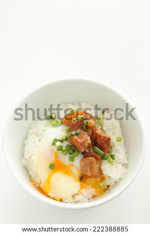 Japanese food, Yakitori and poached egg on rice