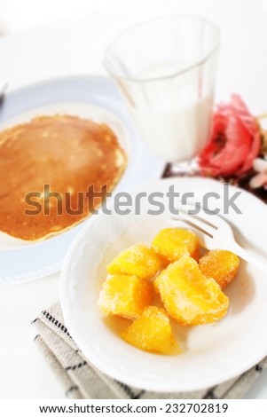 frozen mango and pan cake breakfast
