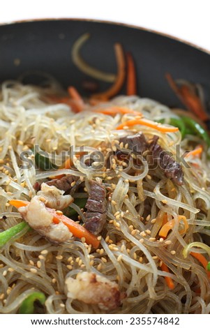 korean cooking, Korean dish known as Japchae made from sweet potato noodles, stir fried in sesame oil with various vegetables