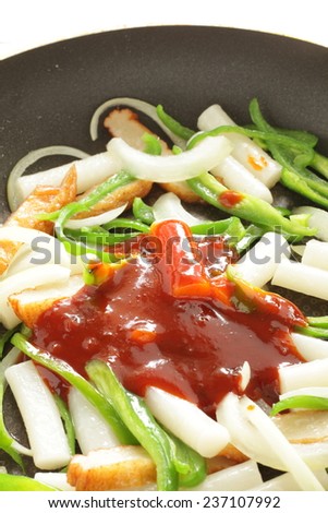 Korean cooking, sticky rice cake stick stir fried with vegetable