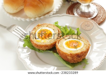 English food, Scotch egg and butter roll bread for gourmet brunch food