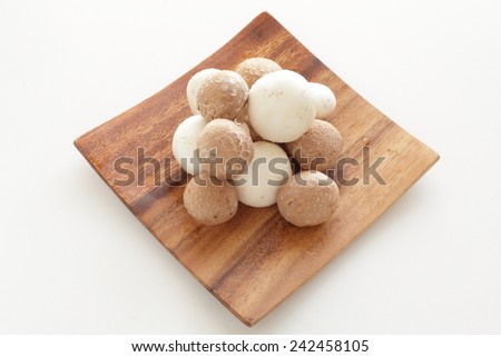 White and brown mushroom from Japan on wooden plate