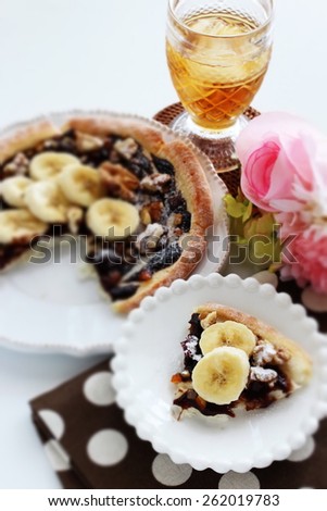 Banana and walnut chocolate Pizza and iced tea