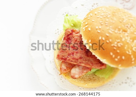 Spam burger with sausage for Hawaiian food image in diorama style