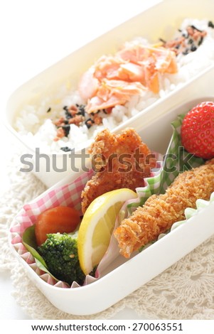 homemade Japanese bento, fried chicken and shrimp with rice