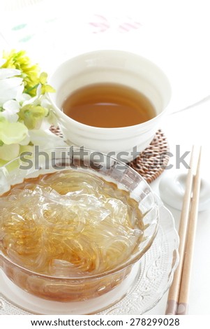 Japanese food, Tokoroten algae jelly noodle with roasted barley tea on background
