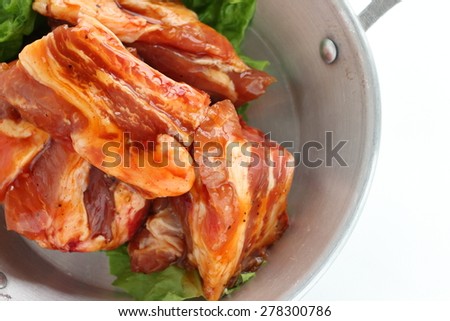 Barbecue cooking, marinated pork spareribs on stainless pan for camping food image in diorama style