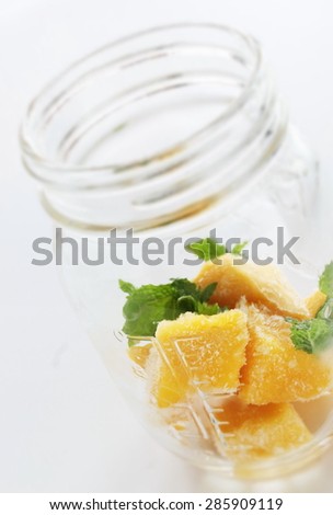 Frozen Mango and mint in Jar for preparing cocktail