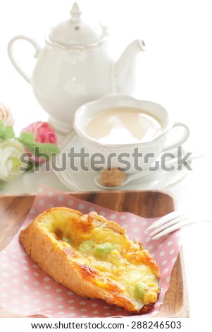 Green soy bean Edamame and cheese french toast with milk tea on background