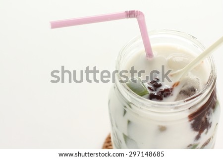 Asian sweet drink, green tea jelly and red bean iced Milk