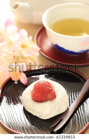 Japanese tea time, green tea and Strawberry Daifuku