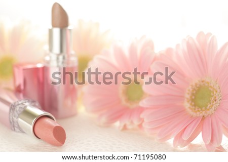 Pastel pink gerbera and lipstick for beauty image