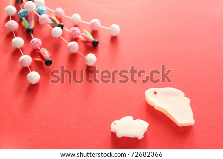 Japanese confectionery and decoration on red background for New Year image