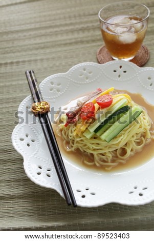 Chinese cuisine, summer cold noodles with vegetable and roasted prk