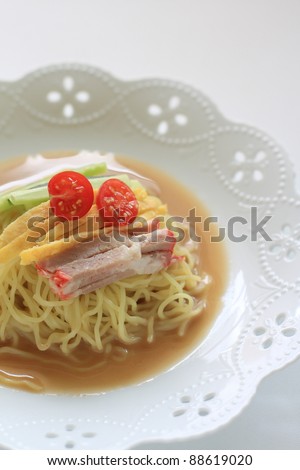 Chinese cuisine, cold noodles with vegetable and sesame sauce for summer menu