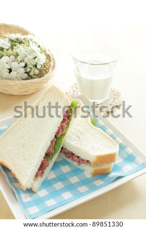 corned beef sandwich and milk for breakfast or tea break image