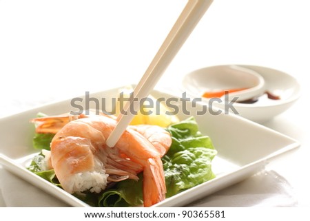 chinese cuisine, steamed shrimp with soy sauce and chili oil