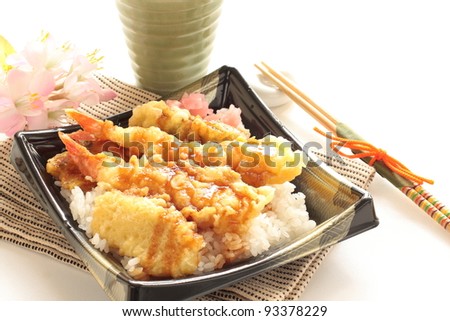 Japanese food, tempura on rice packed lunch with tea