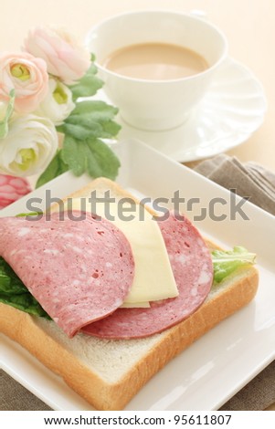 Italian food, salami and cheese sandwich and tea