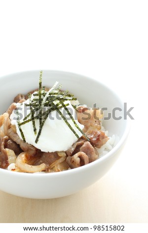 Japan cuisine, pork and onion stir fired on rice don with hot spring egg