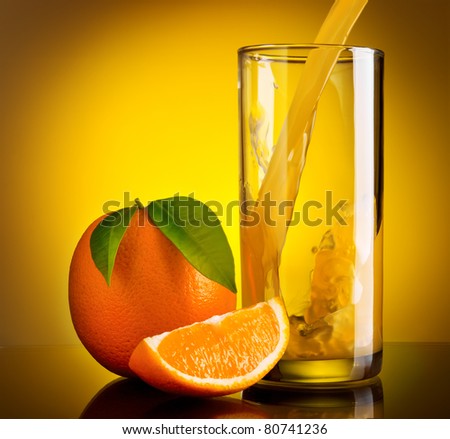 Still life of orange pouring juice and fruits