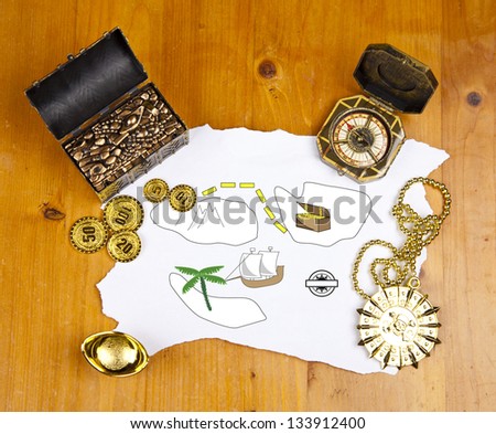 Pirate blank map with treasure, coins, medal, ring and map