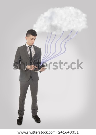 Young business man with streaming data with cloud