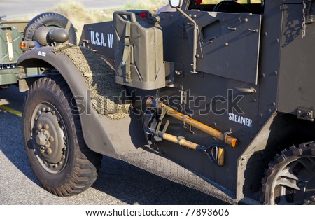 IJMUIDEN, THE NETHERLANDS-MAY 5:Kelly\'s Heroes Army truck on road to beach on May 5, 2011 in IJmuiden, The Netherlands. The Kelly\'s Heroes organization celebrates the 1945 liberation of The Netherlands