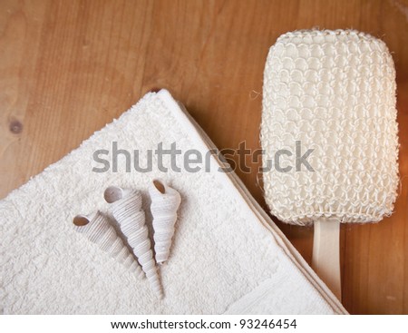Luxury bath or shower set with towel, brush and shells on wooden background