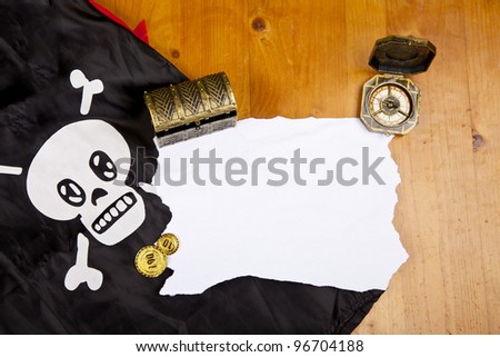 Pirate blank map with treasure, compass and flag with skull