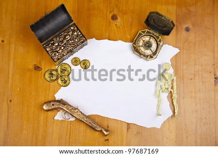 Pirate blank map with treasure, coins, skeleton and compass