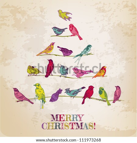 Retro Christmas Card Birds on Christmas Tree for invitation congratulation in vector Retro Christmas Card Birds on Christmas Tree for invitation congratulation in vector
