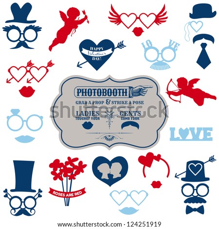 Valentine's Day Party set photobooth props glasses hats lips mustaches masks in vector Valentine's Day Party set photobooth props glasses hats lips mustaches masks in vector