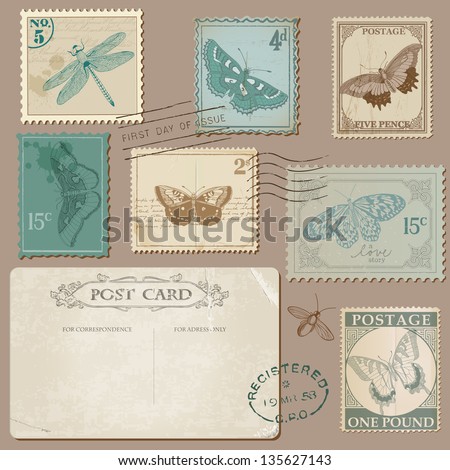 Vintage Postcard and Postage Stamps with Butterflies for wedding design invitation scrapbook Vintage Postcard and Postage Stamps with Butterflies for wedding design invitation scrapbook