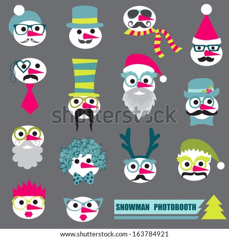 Photobooth Snowman Party set Glasses hats lips mustache masks in vector Photobooth Snowman Party set Glasses hats lips mustache masks in vector
