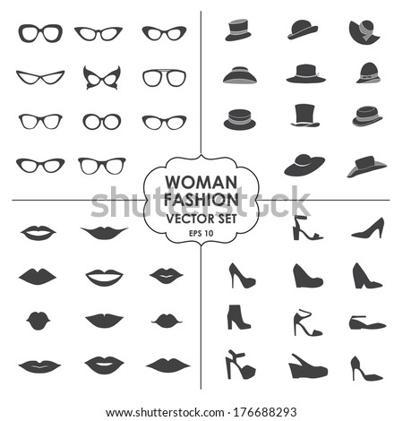 Woman Fashion Set vector icons glasses hats shoes lips Collection of icons can be used in web design mobile applications photobooth eps 10 Woman Fashion Set vector icons glasses hats shoes lips Collection of icons can be used in web design mobile applications photobooth eps 10
