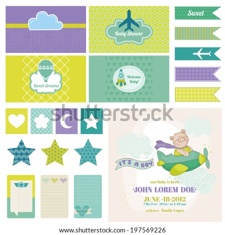 Baby Bear on a Plane for Birthday Baby Shower Party Decoration in vector Baby Bear on a Plane for Birthday Baby Shower Party Decoration in vector